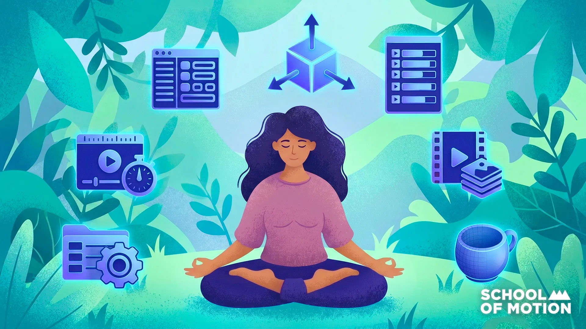 Illustration of person meditating surrounded by 3D software icons representing Cinema 4D workflow zen