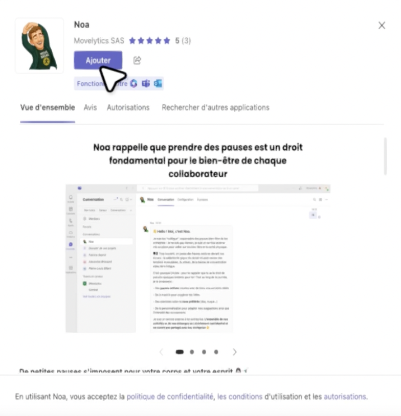 Image de l'application Noa dans le store de microsoft teams pour l'ajouter à son environnement