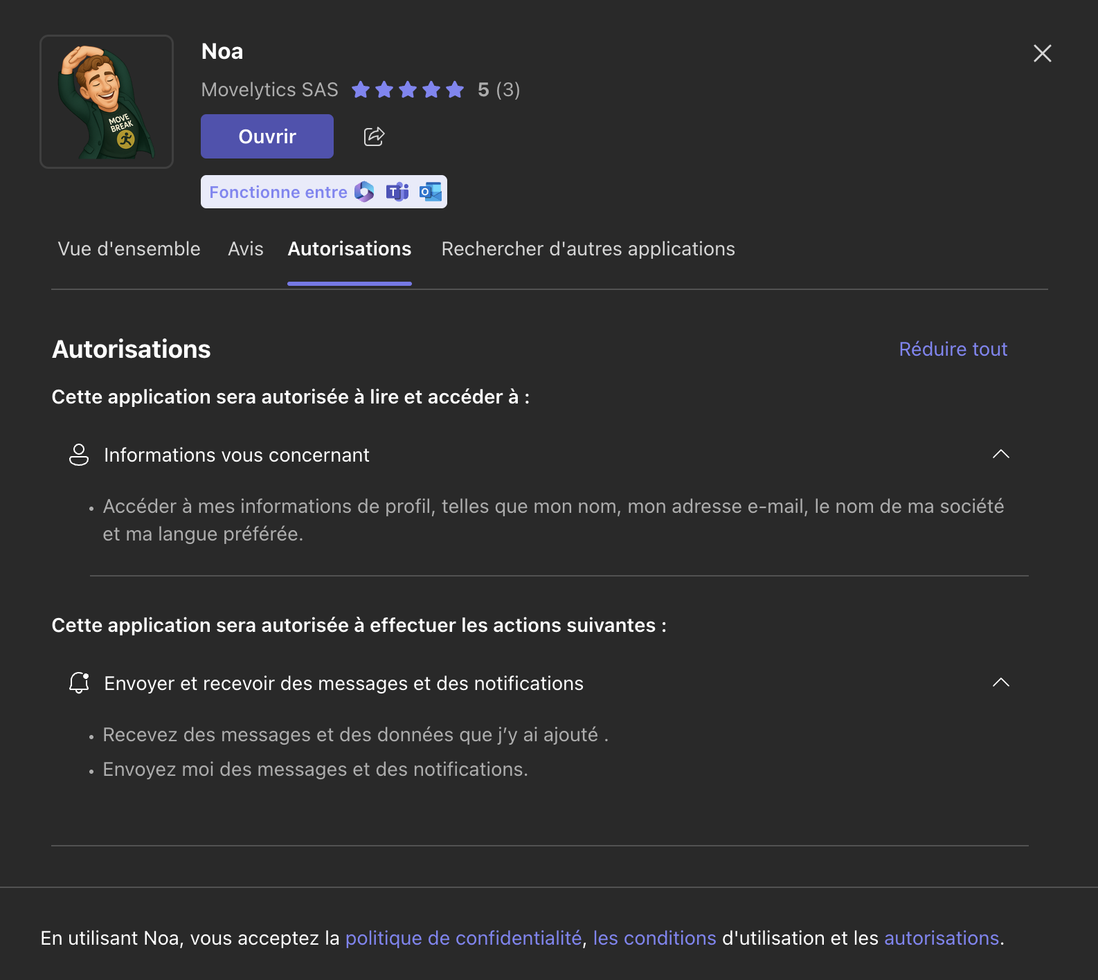 Autorisation de l'application Noa by MoveBreak dans le store microsoft teams