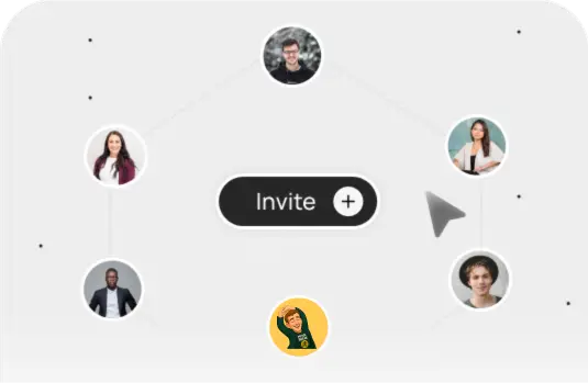 Interface showing five user profile pictures connected around a central 'Invite' button with a plus sign.