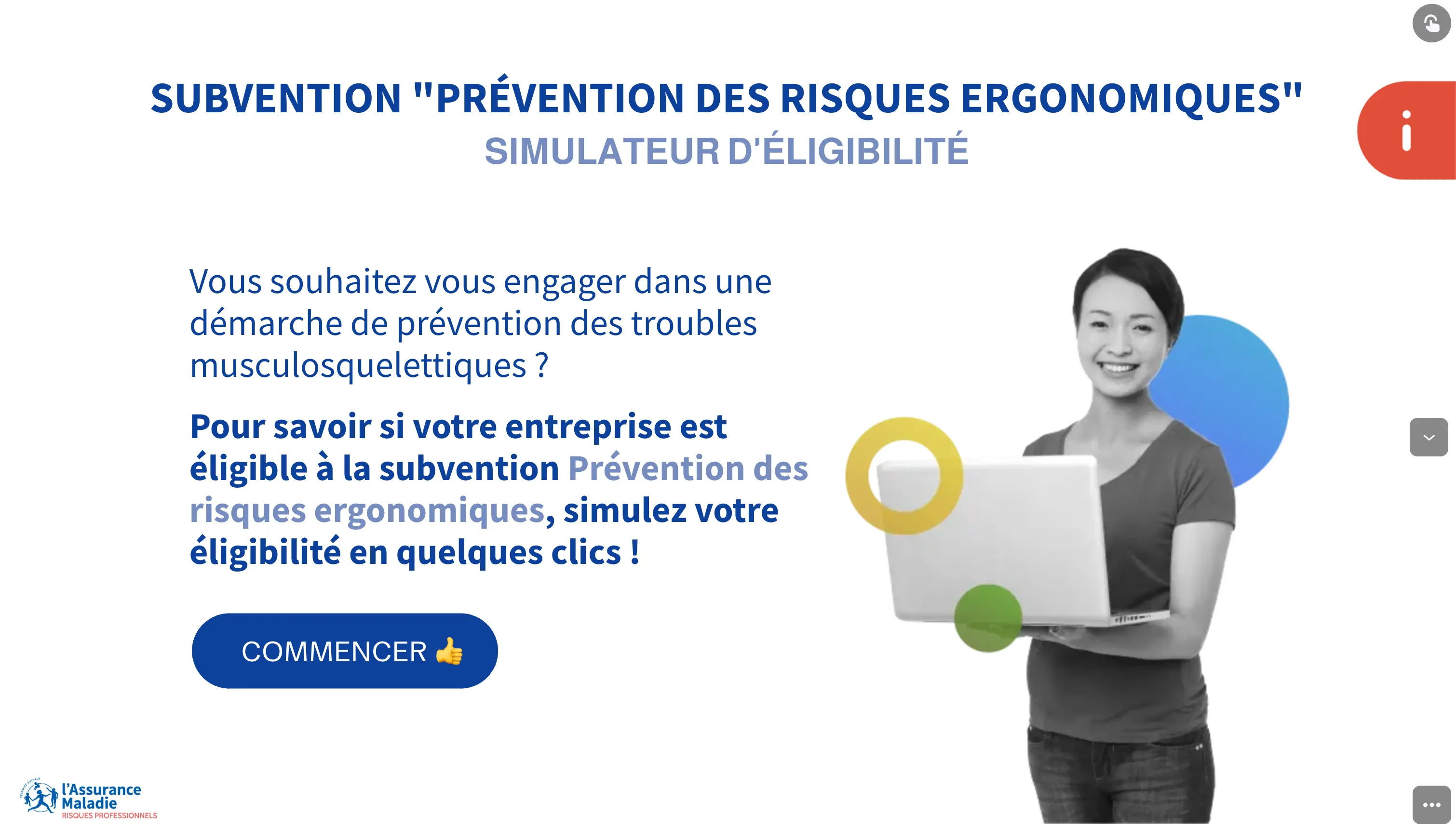 Femme souriante tenant un ordinateur portable, texte sur la subvention prévention des risques ergonomiques.