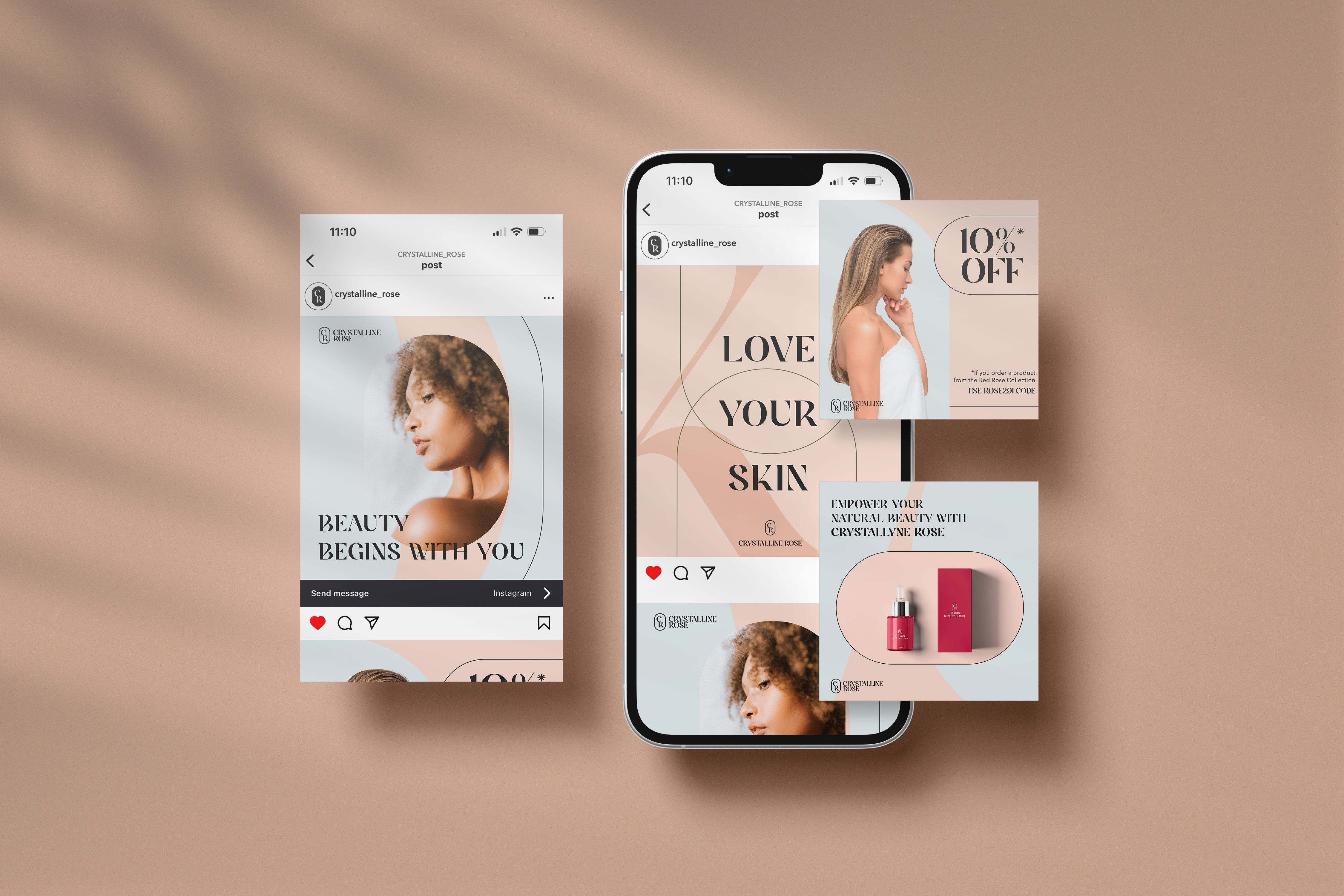 Mockup di post Instagram di Crystalline Rose con messaggi di bellezza, pelle e sconto del 10%.