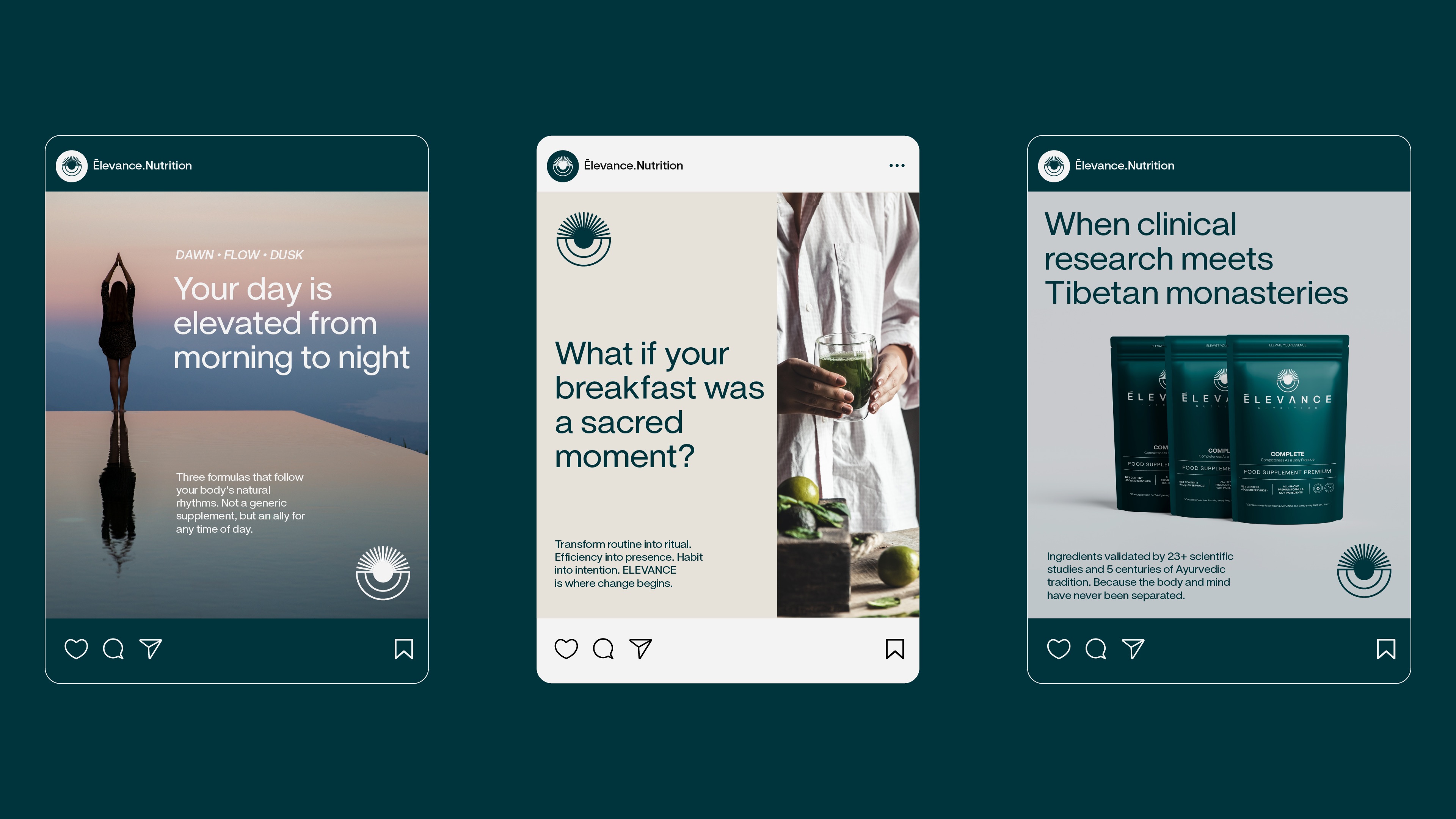 Tre post Instagram di Elevance Nutrition con testi motivazionali e image di silhouette, persona con drink e integratori.