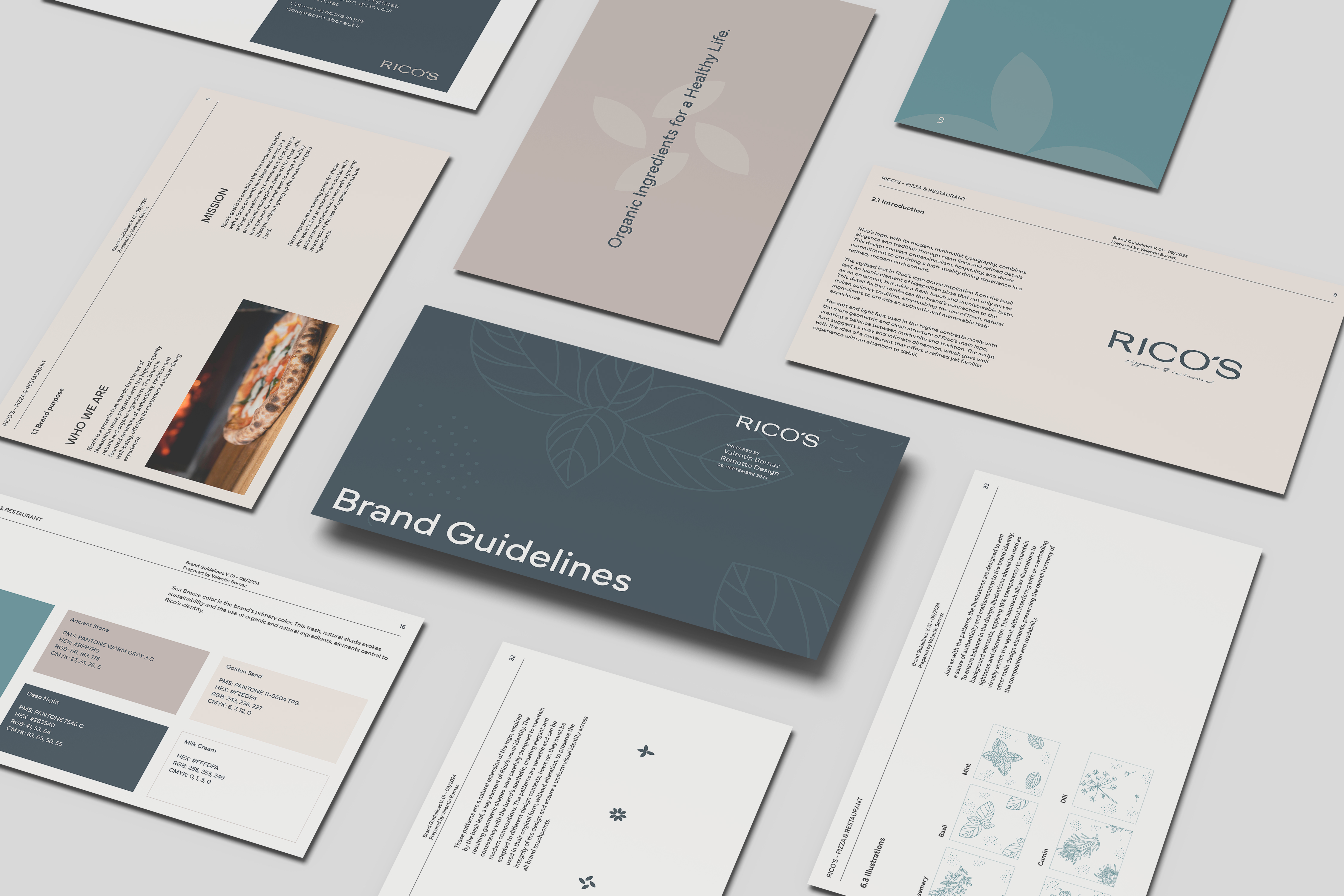 Brand guideline slides for Rico's Pizza with muted colors, typography, logo, and ingredient illustrations.