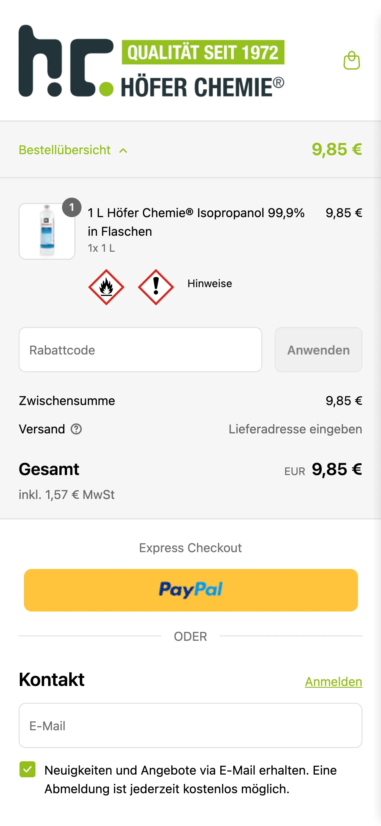 Screenshot aus einem Shopify Checkout mit Gefahrgut-Icons