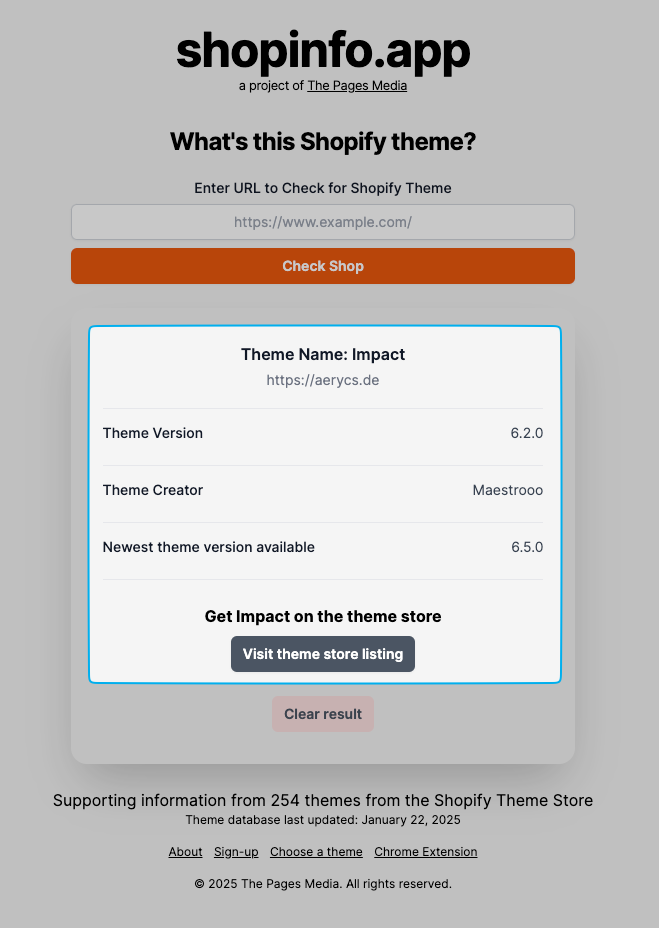 Screenshot der shopinfo.app mit Highlight auf den Theme-Informationen