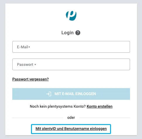 Screenshot der PlentyONE Login Screens mit Highlight auf "Mit plentyID und Benutzername einloggen"d
