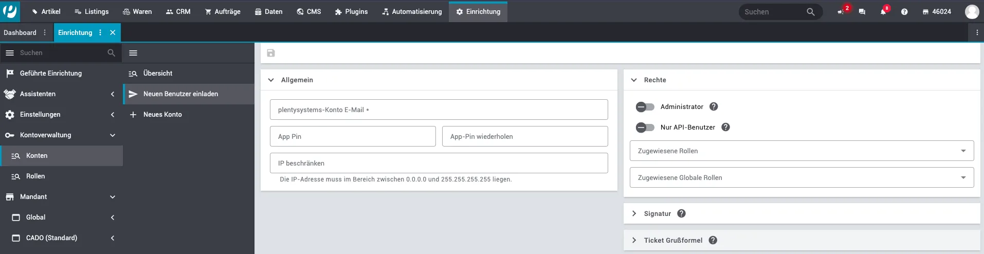 Screenshot aus der PlentyONE Oberfläche. Einstellungen der Nutzerkonten.