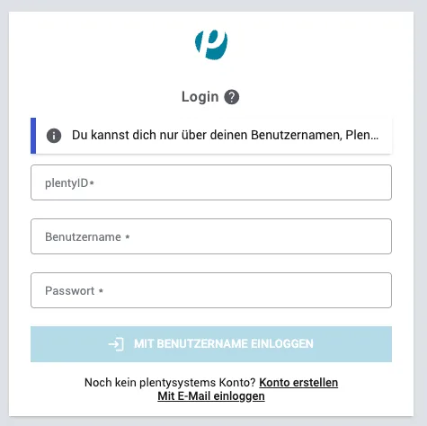 Screenshot der PlentyONE Login Screens, wenn man sich mit PlenyID und Benutzernamen einloggen möchte.