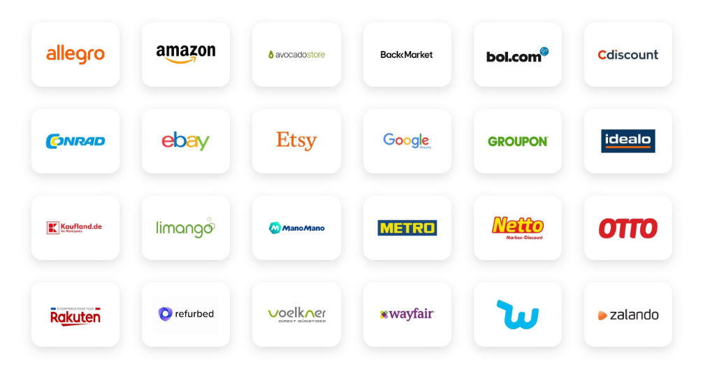 Schaubild mit Logos der Marktplätze, die an PlentyONE angebunden werden können.