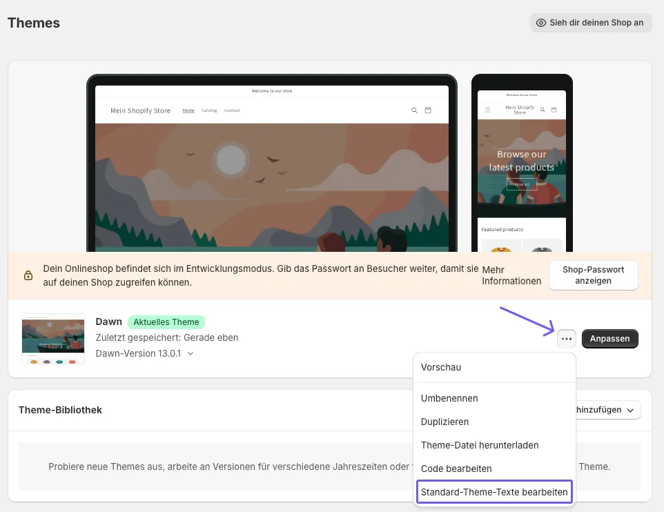 Screenshot Edit standard theme texts