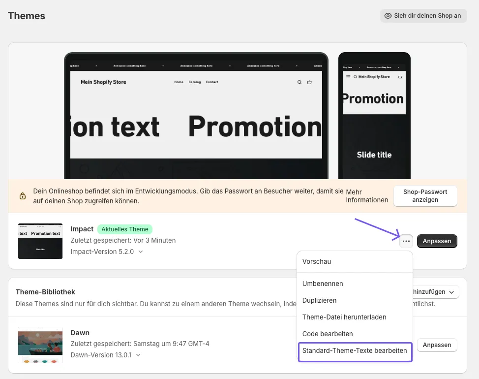 Screenshot showing where you can edit the standard theme texts