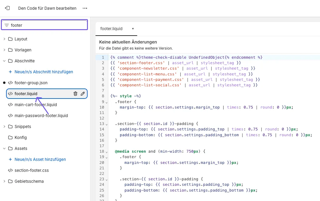 Screenshot of the location where you can find the footer.liquid