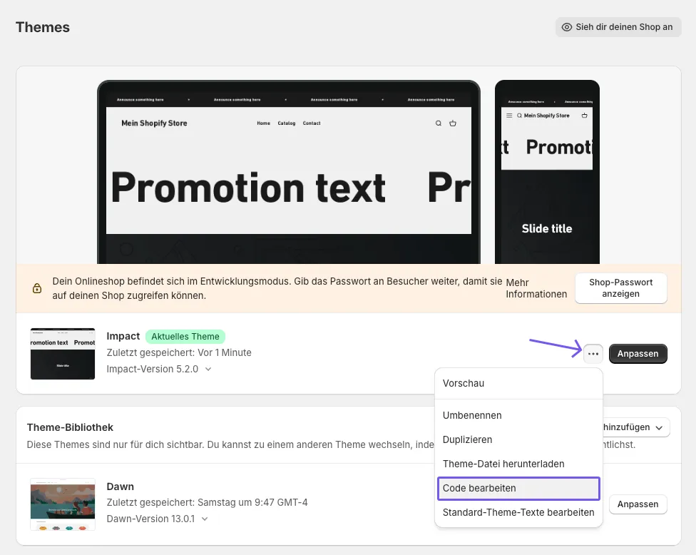 Screenshot showing where you can edit the code in the Impact theme