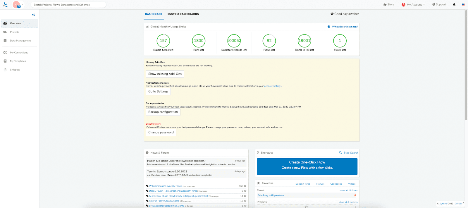 Backend Ansicht der Synesty App