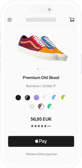 mobile screen of shoes shop item with options to pick color and pay with apple pay