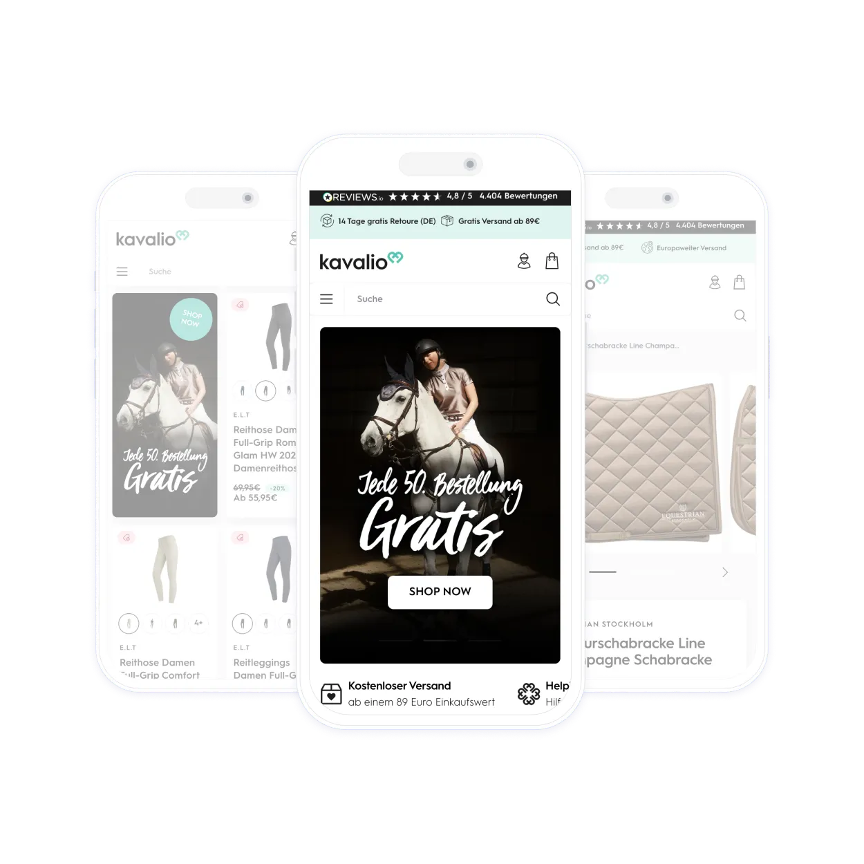 Screenshots des mobilen Kavalio Shopify Stores