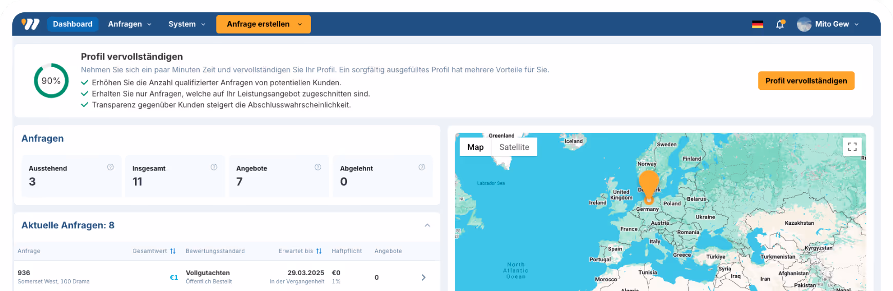 WBW Plattform Screenshot – Immobilienbewertung für Privatkunden online anfragen