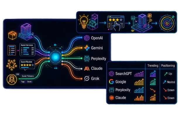 Neon-style infographic showing AI hotel service platforms OpenAI, Gemini, Perplexity, Claude, and Grok, with guest services and review input, plus trends and positioning of SearchGPT, Google, Perplexity, and Claude.