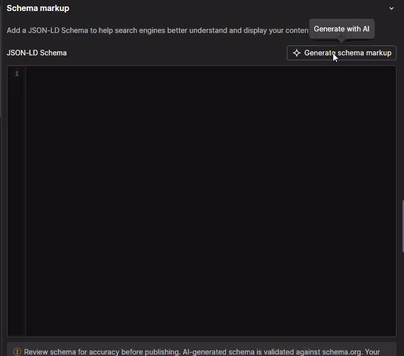 GIF showing Webflow’s Schema Markup panel going from an empty JSON-LD editor to a full schema after clicking “Generate with AI.”