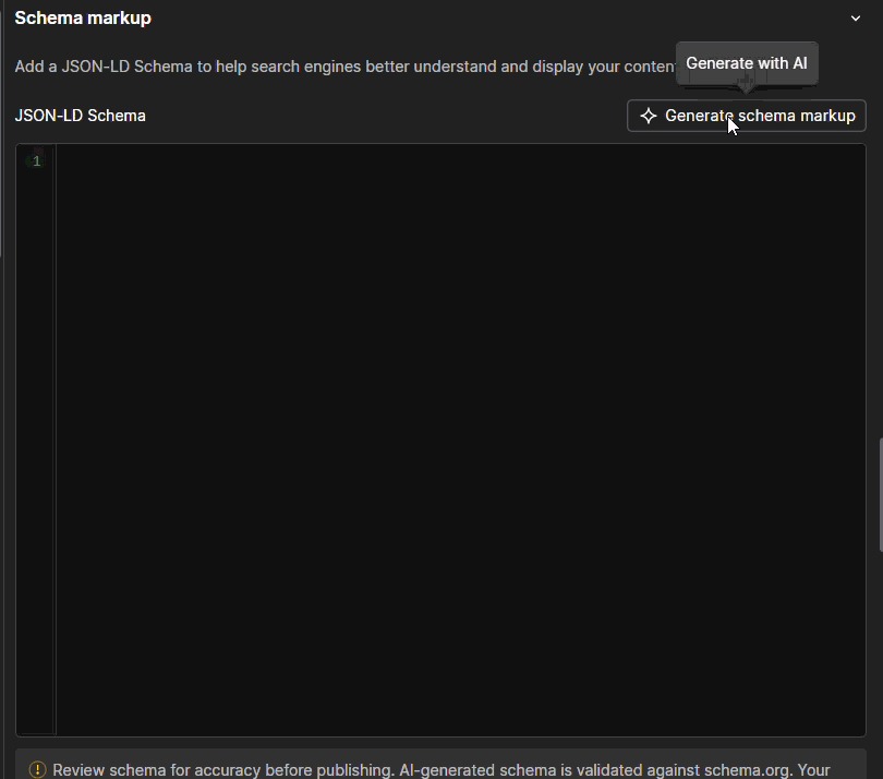 GIF showing Webflow’s Schema Markup panel going from an empty JSON-LD editor to a full schema after clicking “Generate with AI.”