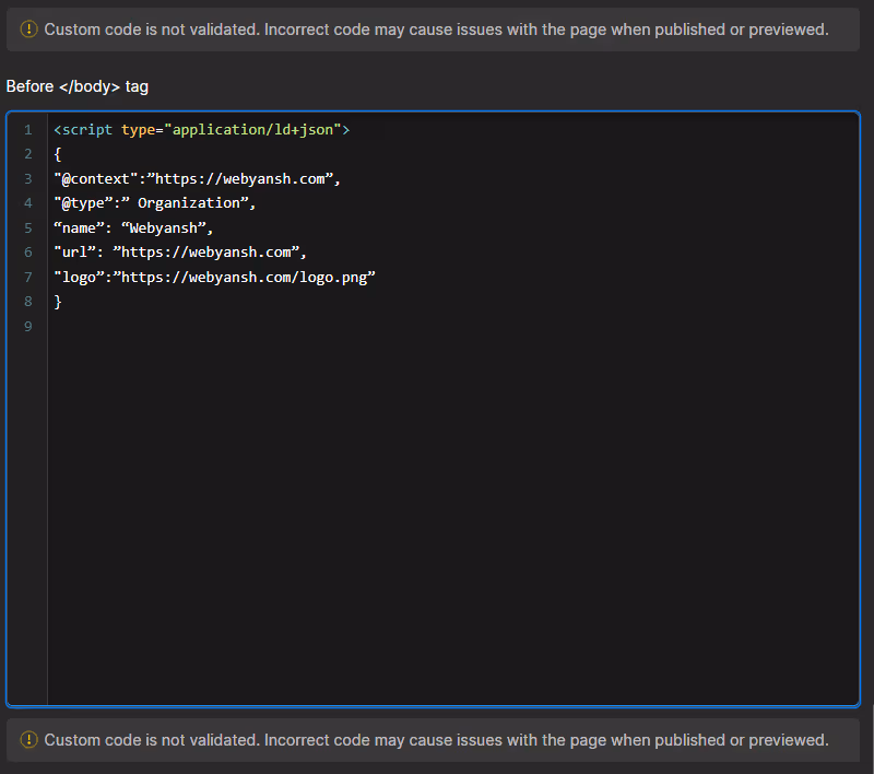 Webflow Page Settings showing a custom JSON-LD Organization schema placed before the closing body tag.