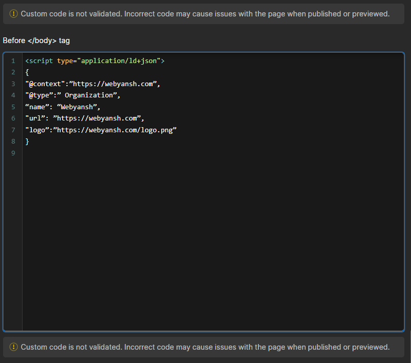 Webflow Page Settings showing a custom JSON-LD Organization schema placed before the closing body tag.