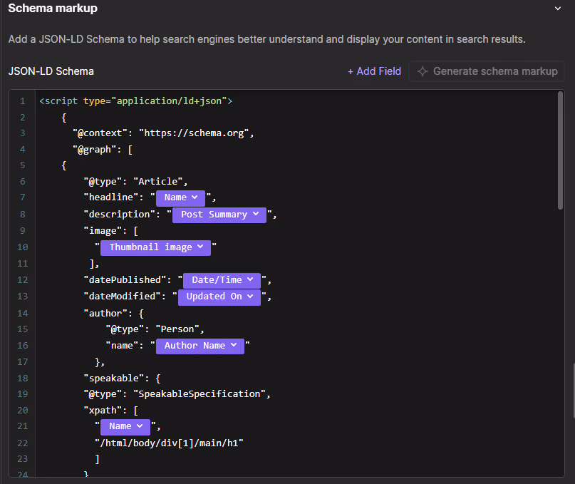 Webflow interface showing an Article JSON-LD with dynamic fields for title, summary, image, dates, and author.
