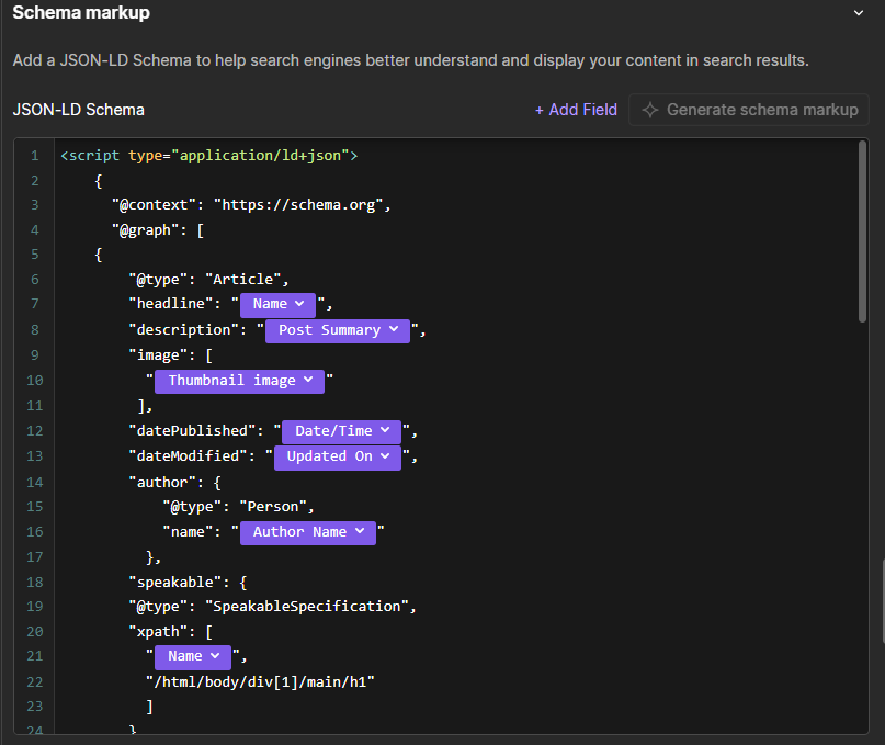Webflow interface showing an Article JSON-LD with dynamic fields for title, summary, image, dates, and author.