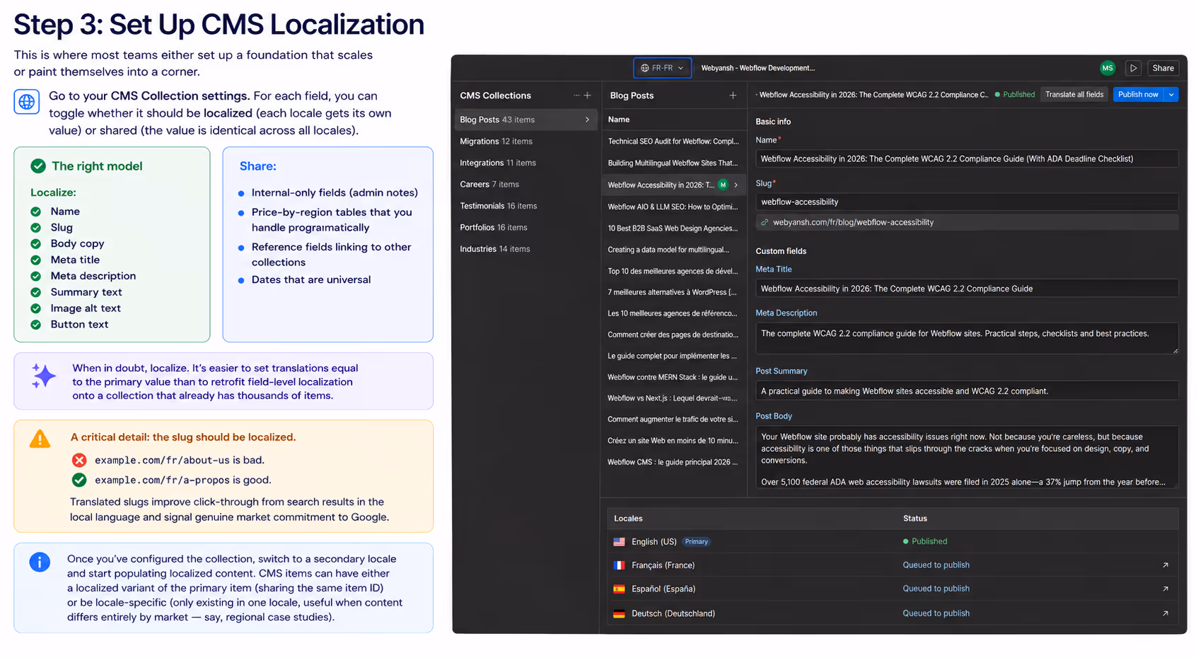 Step 3 infographic showing how to set up CMS localization in Webflow. The image explains which CMS fields should be localized versus shared across locales, highlights the locale switcher in the CMS editor, and demonstrates translated slugs, localized SEO fields, multilingual blog content, and locale-specific CMS publishing workflows