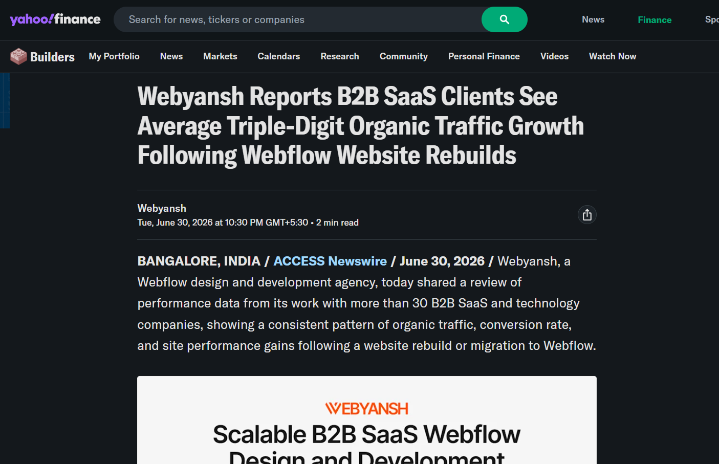 Webyansh Reports B2B SaaS Clients See Average Triple-Digit Organic Traffic Growth Following Webflow Website Rebuilds