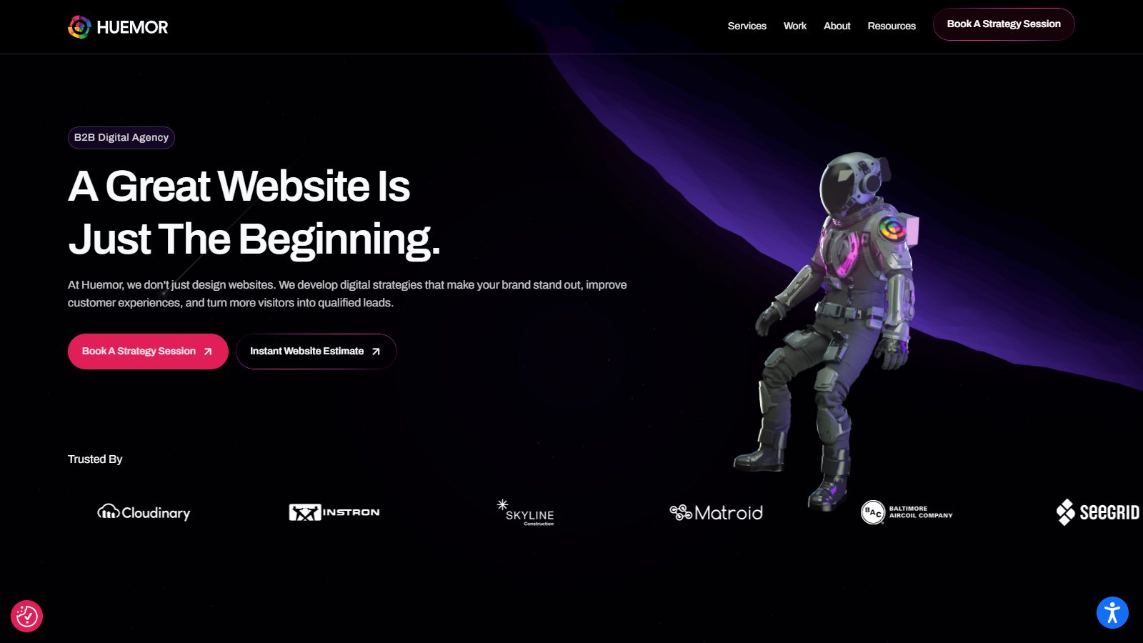 Huemor homepage hero: a great website is just the beginning