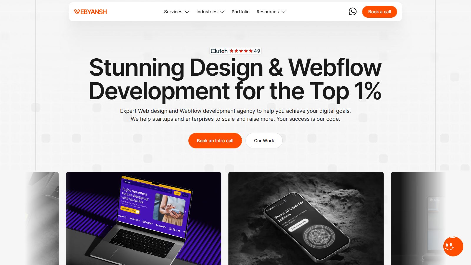 Webyansh homepage hero: stunning design and Webflow development for the top 1%