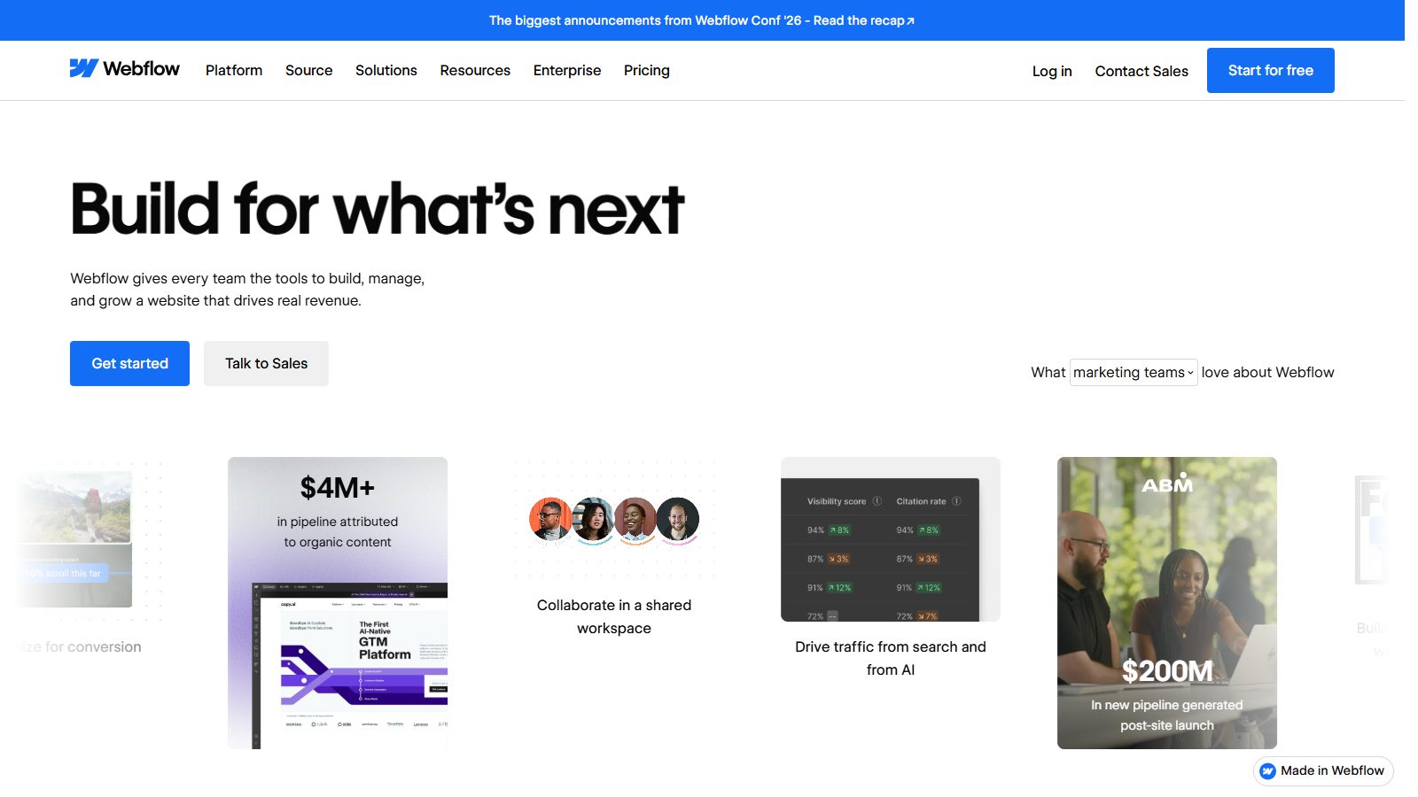Webflow homepage hero: Build for what's next