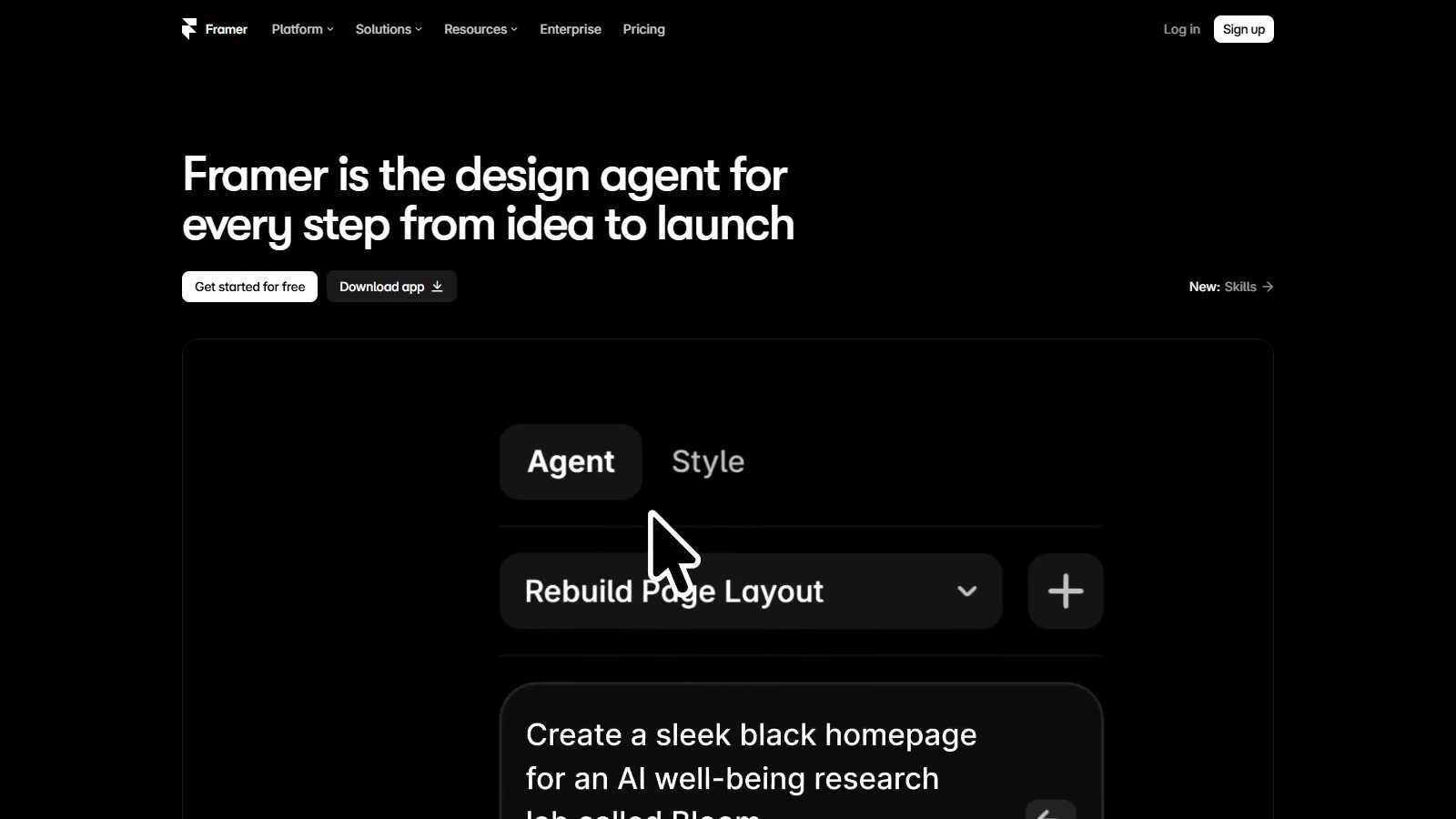 Framer homepage hero: Framer is the design agent for every step from idea to launch