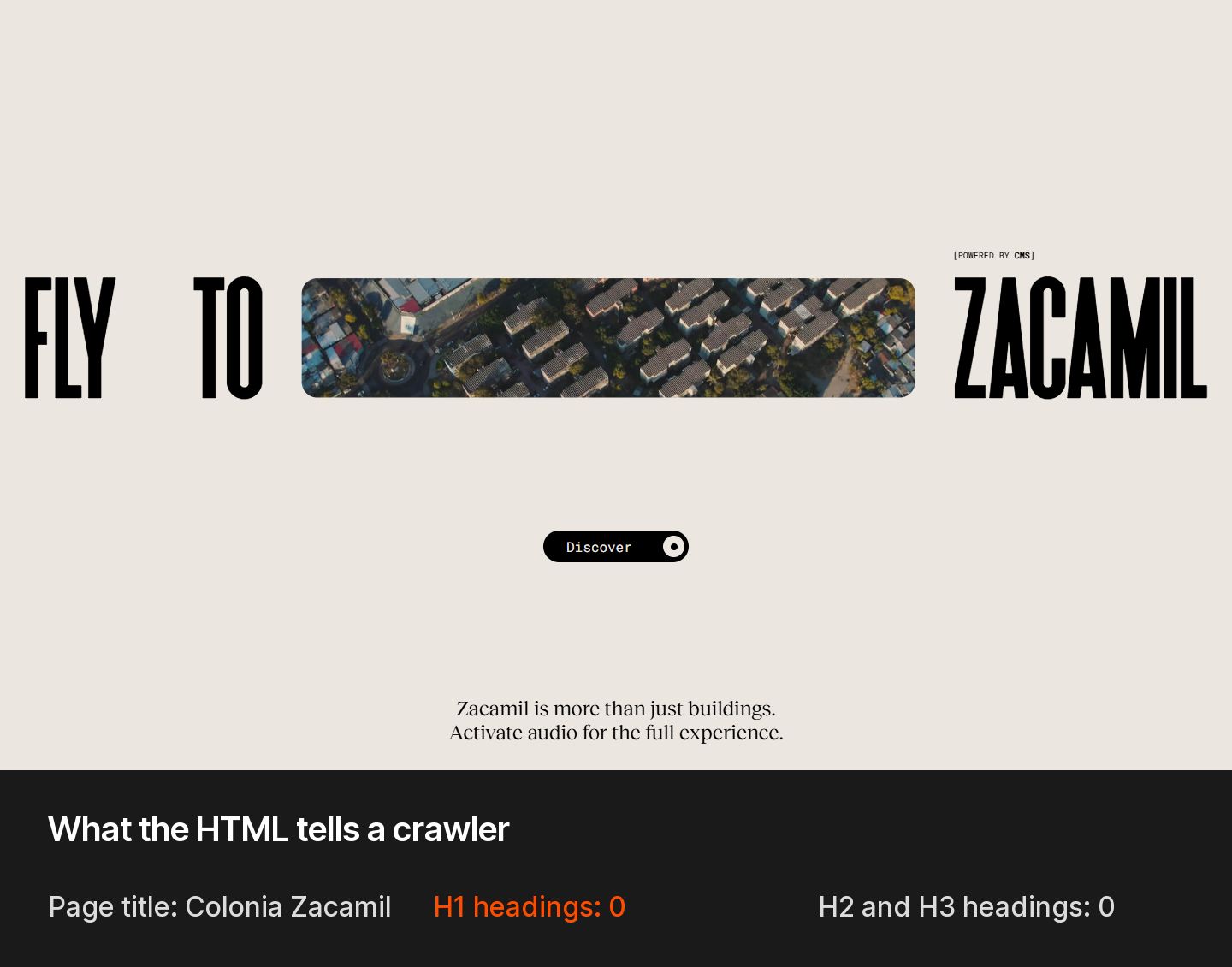 Colonia Zacamil homepage with large FLY TO ZACAMIL display type and a panel showing zero H1 headings in the HTML