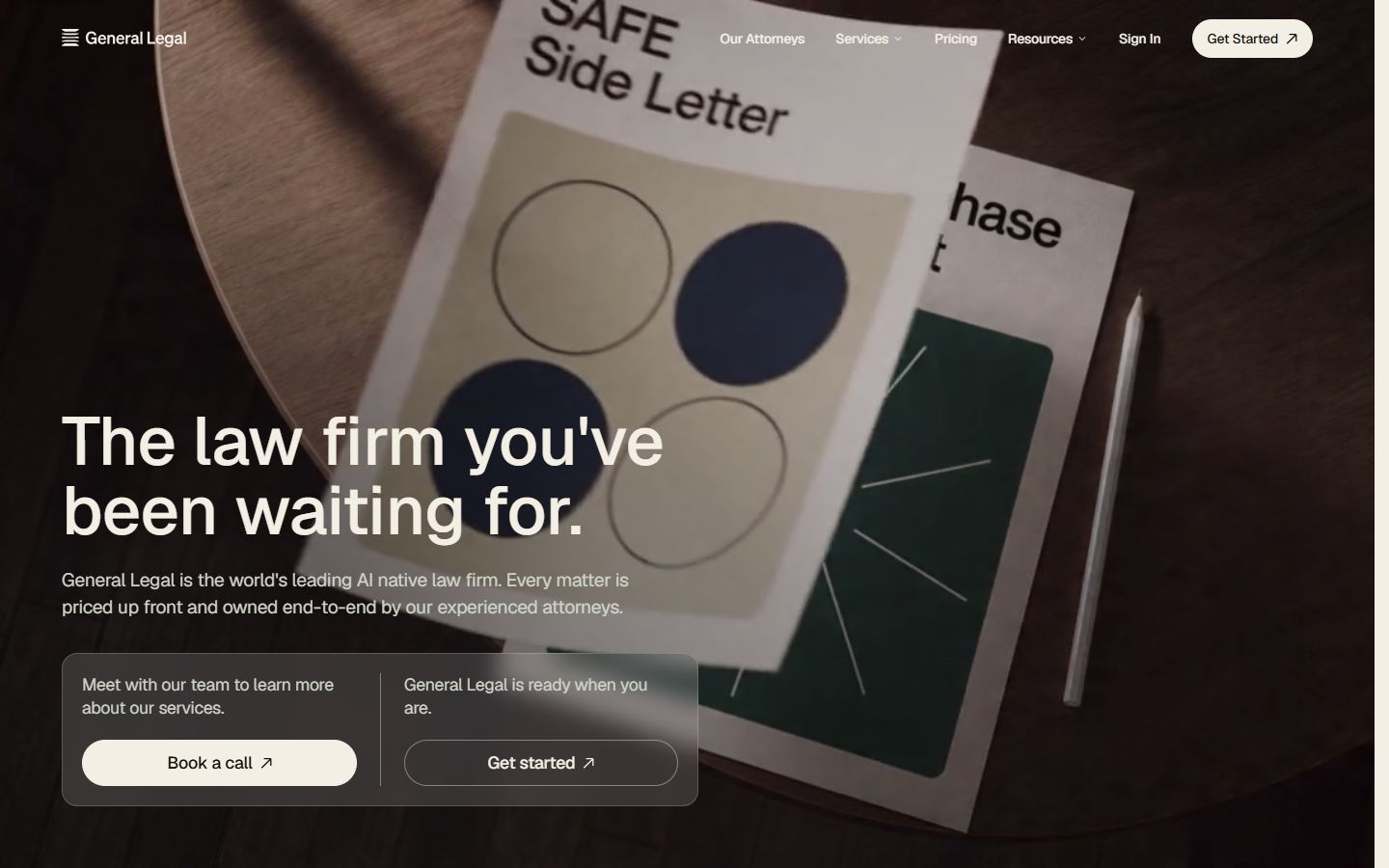 General Legal homepage hero with translucent blurred glass panels over a photograph