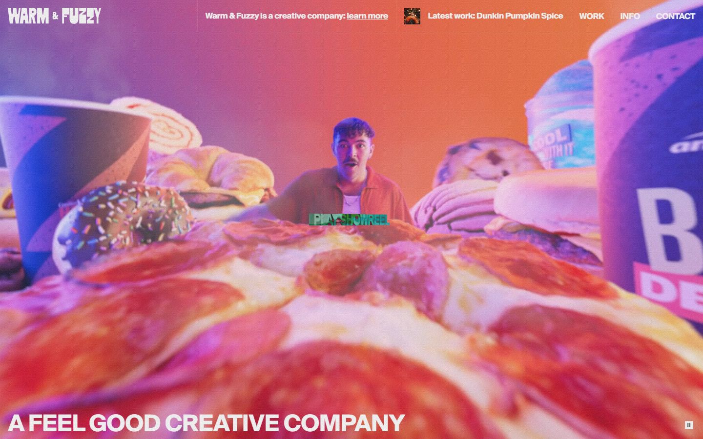 Warm and Fuzzy homepage hero with a bold hand-made photo collage under the line A feel good creative company