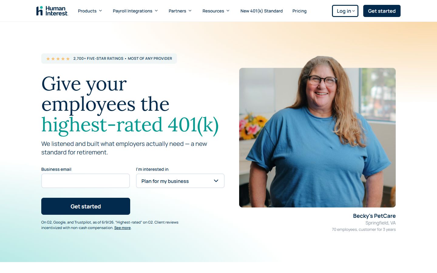 Human Interest homepage with a warm off-white background, dark serif headline and a single teal accent
