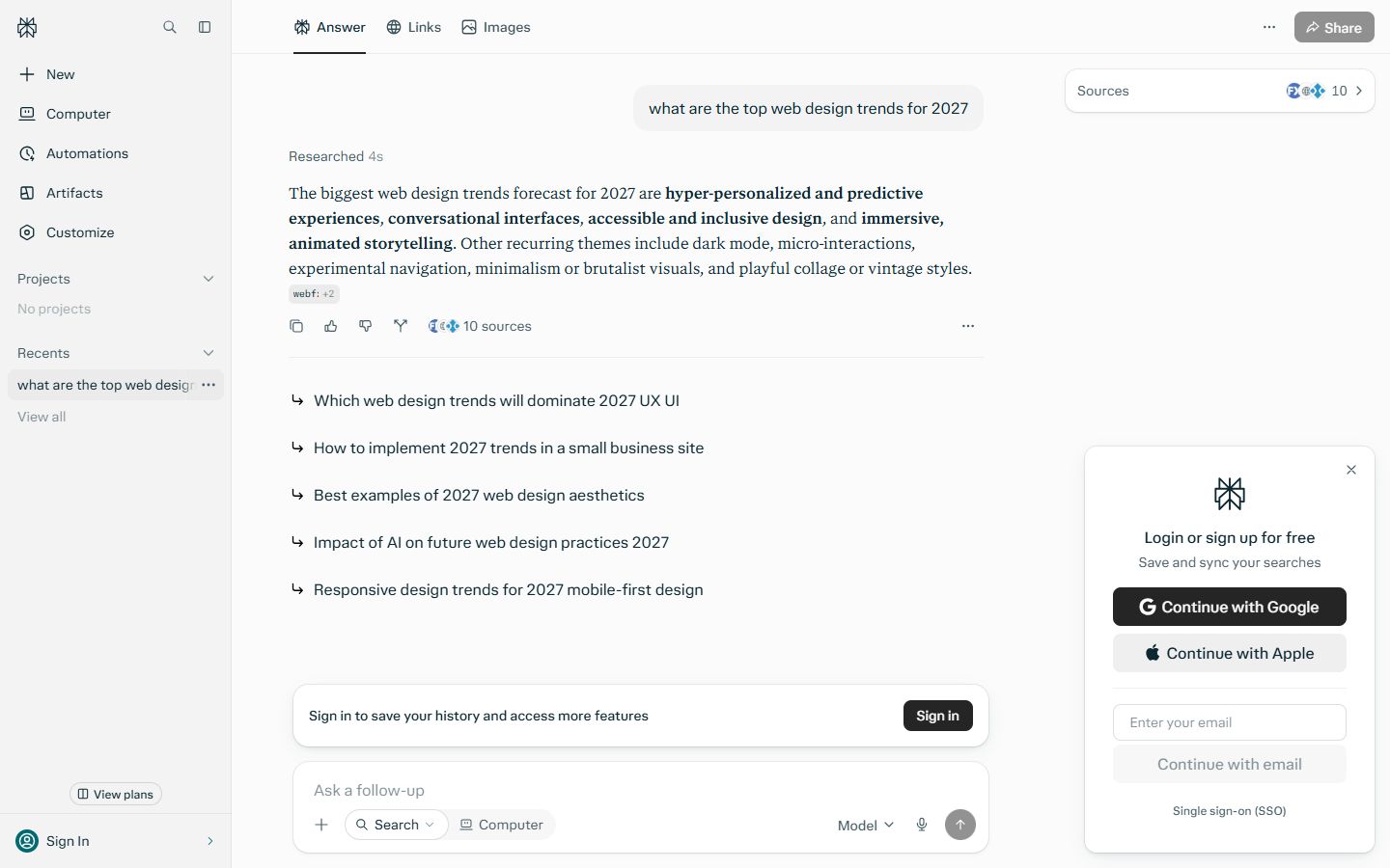 Perplexity answer page generated for a question about web design trends for 2027, with sources and follow-up questions