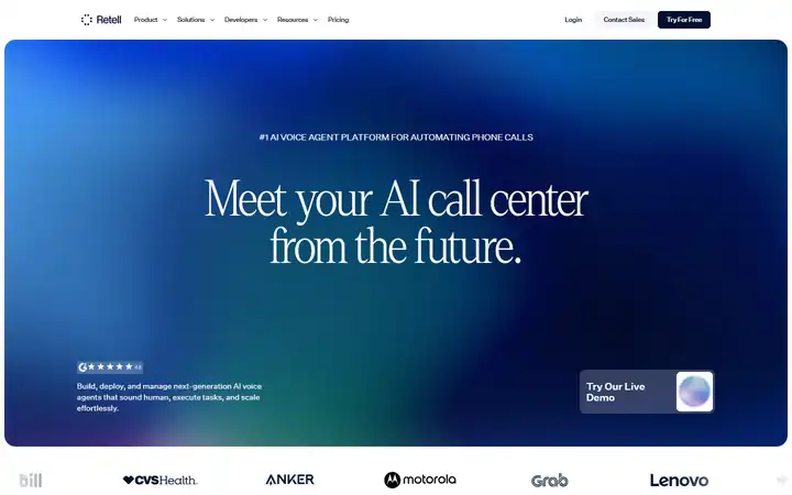 Animated Retell AI homepage hero with a slowly moving gradient background behind a static headline