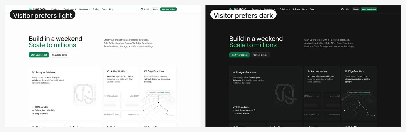 Supabase homepage shown side by side in light mode and dark mode, following the visitor setting