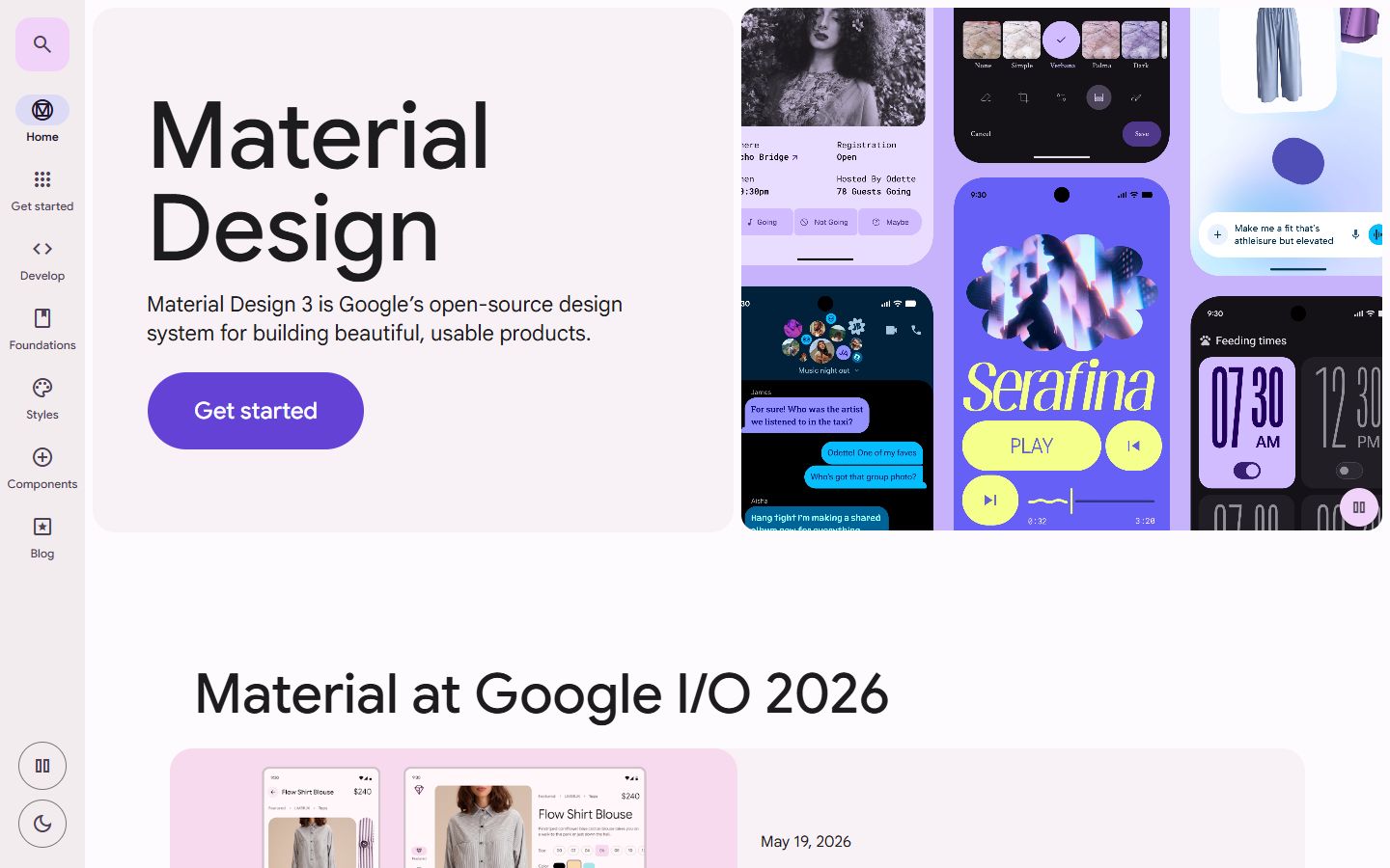 Material Design 3 website showing expressive rounded shapes, bold colour and playful phone screens