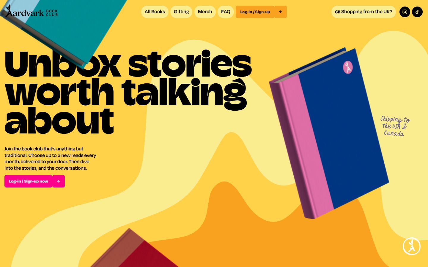 Aardvark Book Club homepage with a 120 pixel headline Unbox stories worth talking about