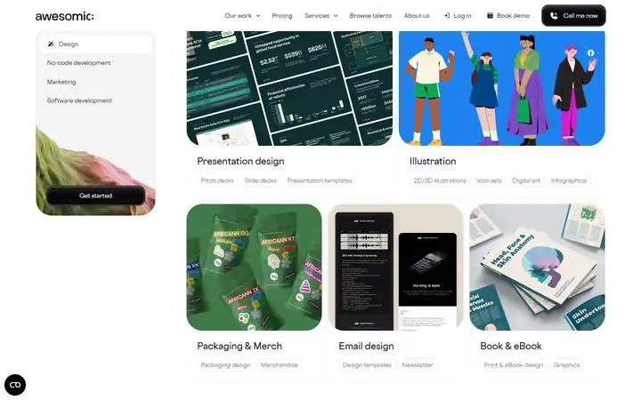 Animated scroll on the Awesomic homepage where a hills image rises as the call-to-action section scrolls into view