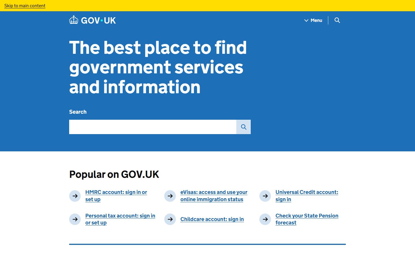 GOV.UK homepage with the yellow Skip to main content link revealed by keyboard focus