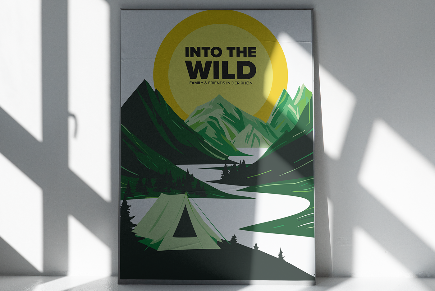 Ein illustriertes Poster mit Bergen auf dem steht "Into the wild"