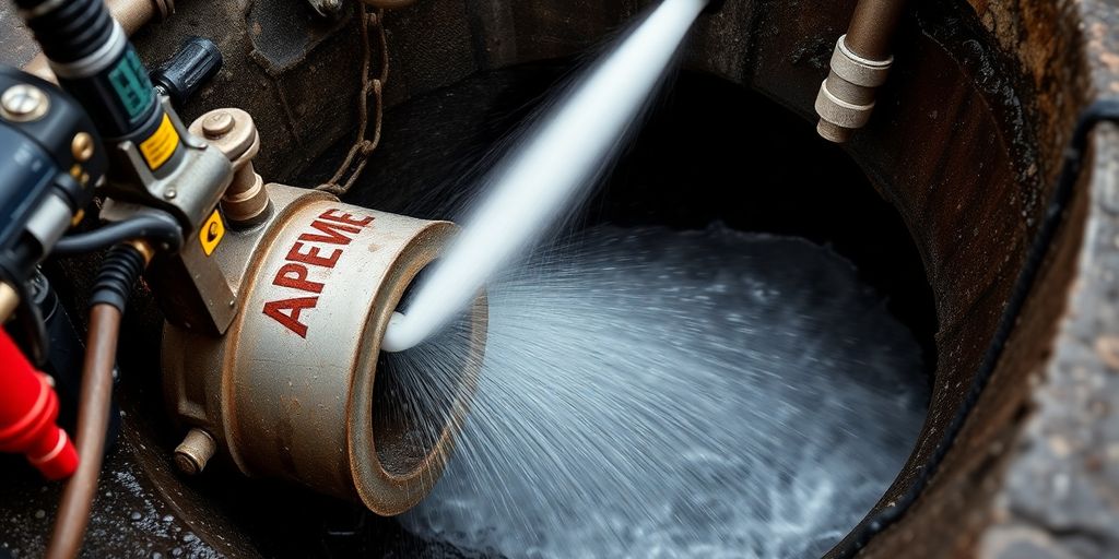 Hydro jetting machine clearing a sewer line with water.