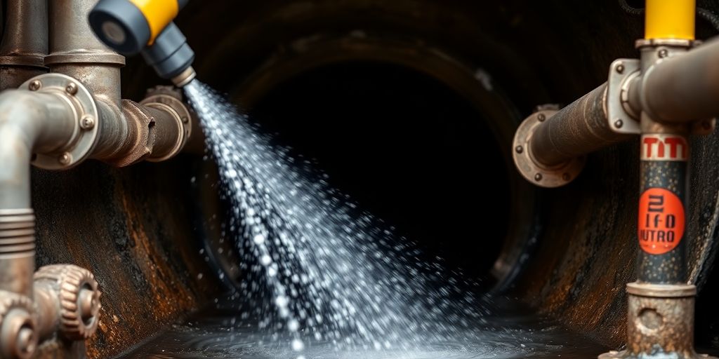 Hydro jetting machine spraying water into a sewer line.