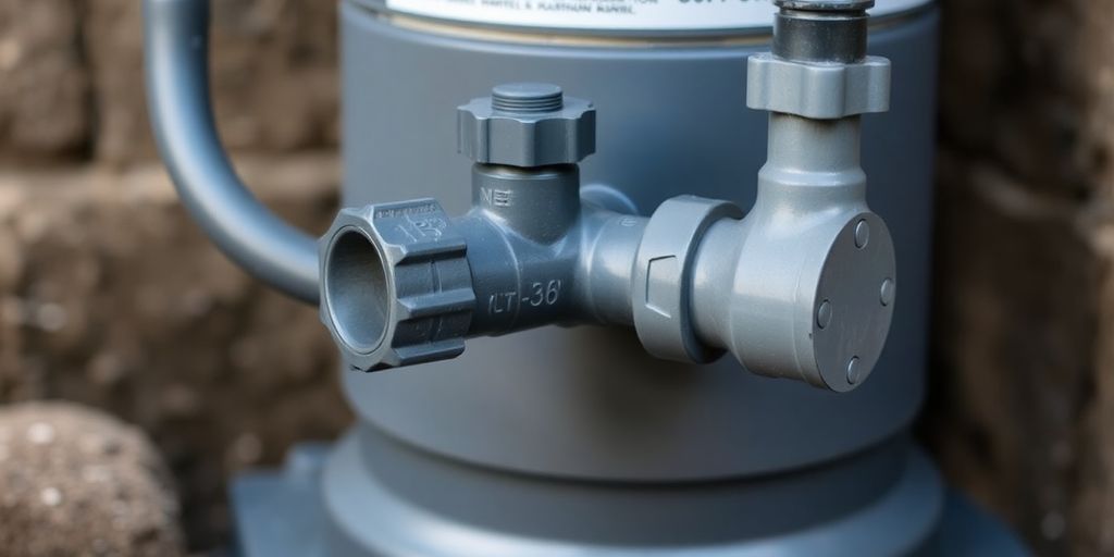 Close-up of a sump pump and check valve connection.